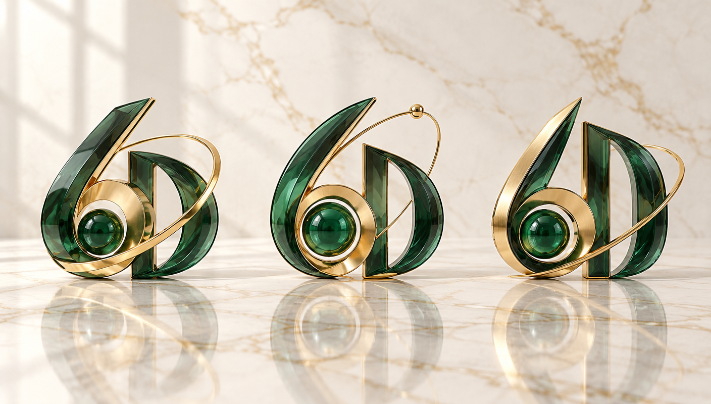 Three 6D signature emblems in emerald glass and polished gold on ivory marble